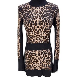 Women's Cache Small Leopard Print Mock‎ Neck Knit Top Back Zip Sweater